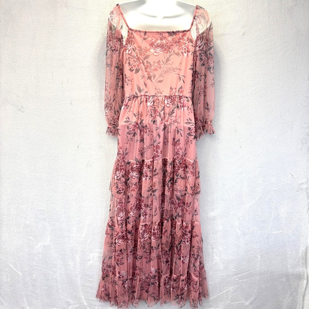 Candalite Sheer Tiered Maxi Dress Womens M Pink Floral Whimsical Romantic Flowy - Picture 2 of 14